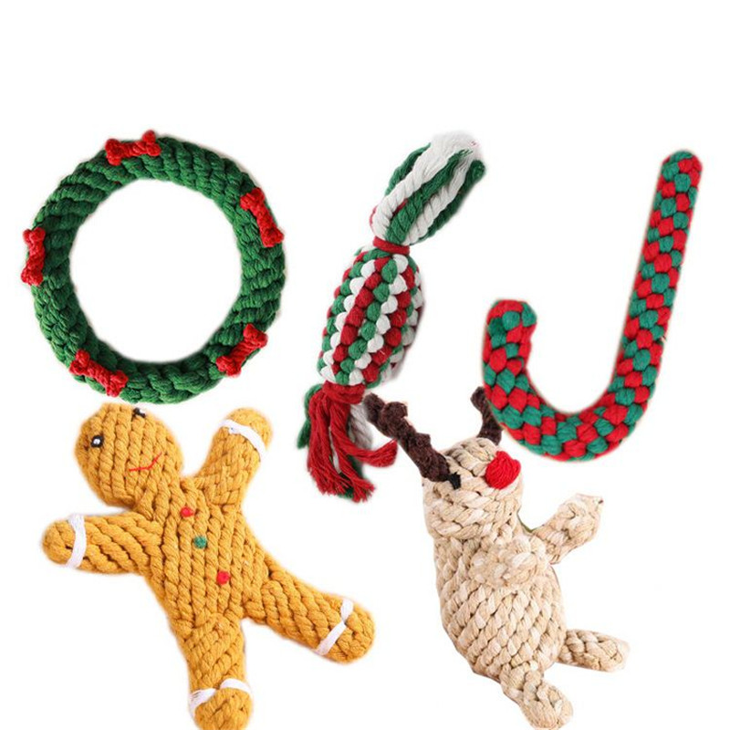 Набор из 4 рождественских игрушек для жевания домашних животных с веревкой (1)